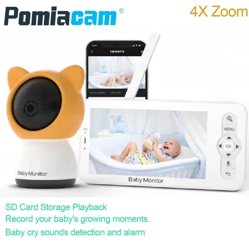 Baby Monitor Zoom 4X Schermo HD da 5 pollici 1080P Conversazione bidirezionale Visione notturna Rilevamento temperatura e suono Allarme Promemoria alimentazione BABY5