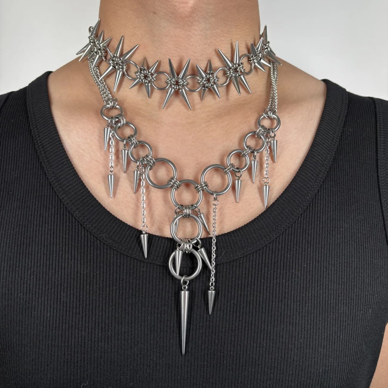Handmade Punk Rock Piercing Spike Exaggerated steel ring tassel for Women Men Fashion Rivet Necklace Sweater Chain Accessories