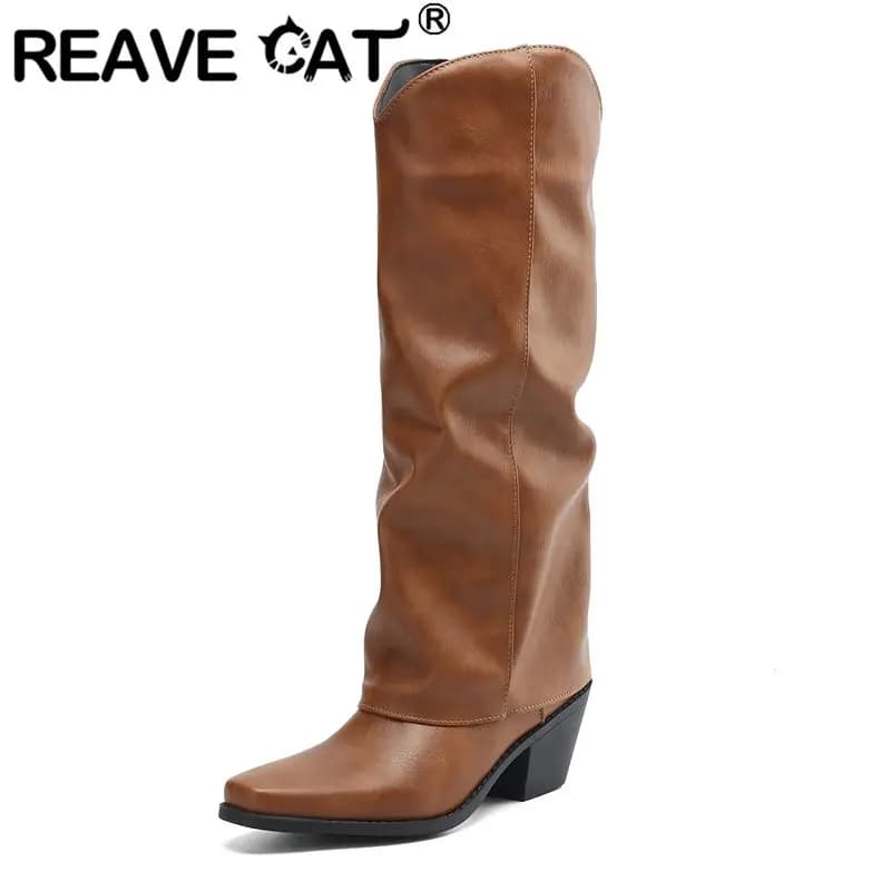 REAVE CAT Brand Retro Female Boots Square Toe Block Heels 6.5cm Slip On Large Sizes 41 to 44 Casual Daily Knee High Booties