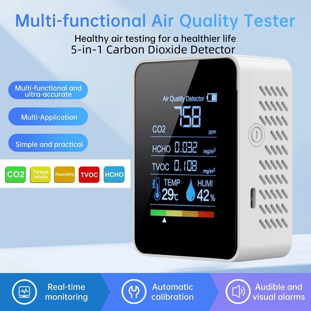 Multifunctional CO2 Meter 5 in 1 Digital Temperature Humidity Tester Carbonic Ahydride Detector COV CH2O Air Quality Monitor