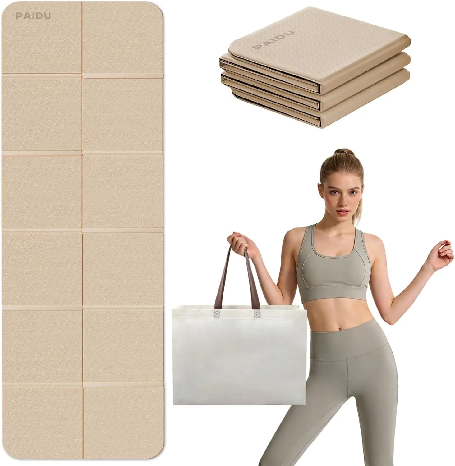 Yoga Mat Travel Foldable, 178x61x0.8cm, Pilates Anti-slip Bifacial TPE Carry Bag