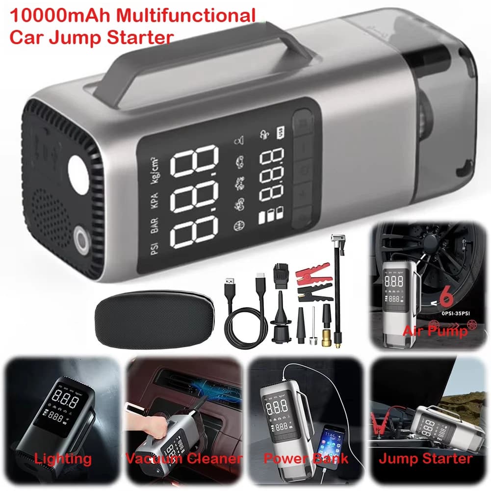 Avviatore d'Emergenza per Auto 10000mAh, Power Bank Compatto con Compressore d'Aria e Aspirapolvere Tutto-in-Uno, Caricabatterie d'Emergenza