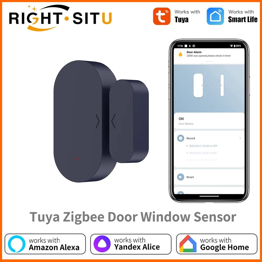 Sensore di Contatto per Porte e Finestre Tuya Zigbee, Controllo Remoto tramite App, Richiede Hub Zigbee, Compatibile con Alexa, Yandex, ZHA, Zigbee2Mqtt