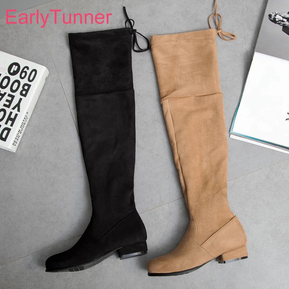 New Winter Yellow Gray Women Thigh High Boots Round Toe Med Square Heels Lady Formal Shoes Plus Small Big Size 12 33 43 49 52