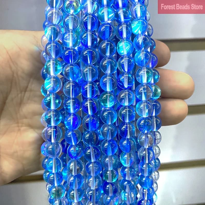 Perline Rotonde in Cristallo Austriaco Blu Sintetico con Glitter Effetto Pietra Lunare da 6, 8, 10, 12 mm, Filo da 15 Pollici per Creazione Gioielli Fai da Te (Bracciali e Collane)