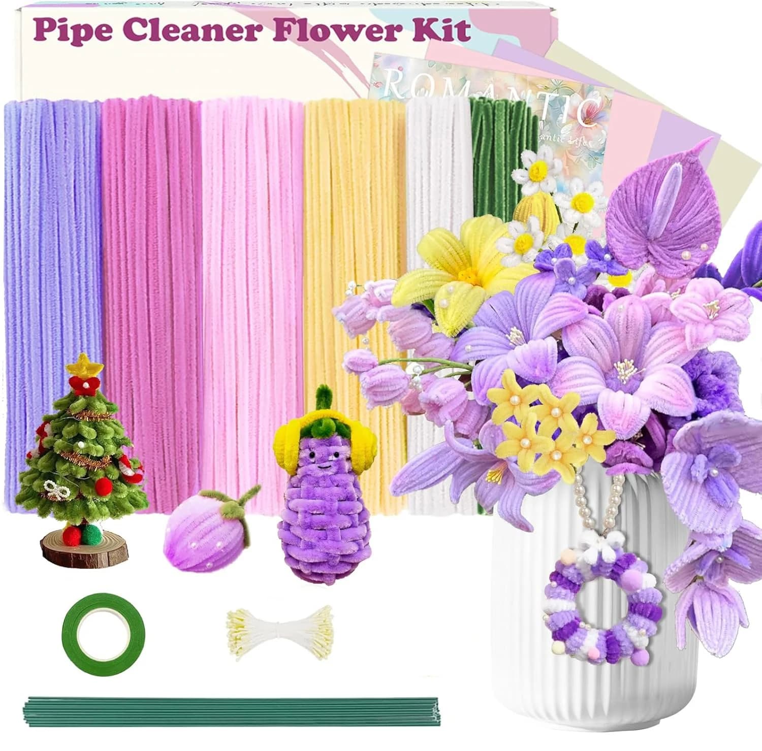 Kit di fiori per detergenti per tubi da 500 pezzi, 20 fili floreali verdi, 1 nastro da giardinaggio, stame da 150 pezzi, detergenti per tubi artigianali
