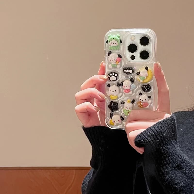 Custodia per telefono trasparente stereoscopica 3D Cute Cartoon Sanrio Pochacco per iPhone 15 Pro 14 13 12 11 Pro Max Cover morbida in TPU
