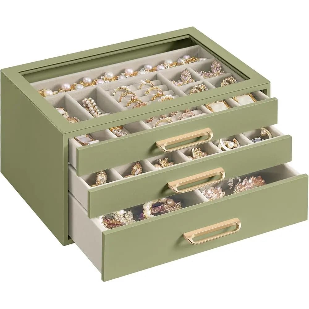 3-Layer Jewelry Box with Glass Lid, Organizer for Rings, Earrings, Bracelets, Sage Green, 6.3x9.4x4.9 Inches