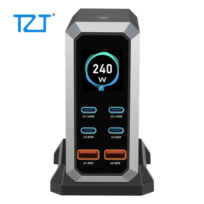 TZT 240 W GaN Charger USB charging station 6 ports (black) with dynamic display screen for PC smartphones