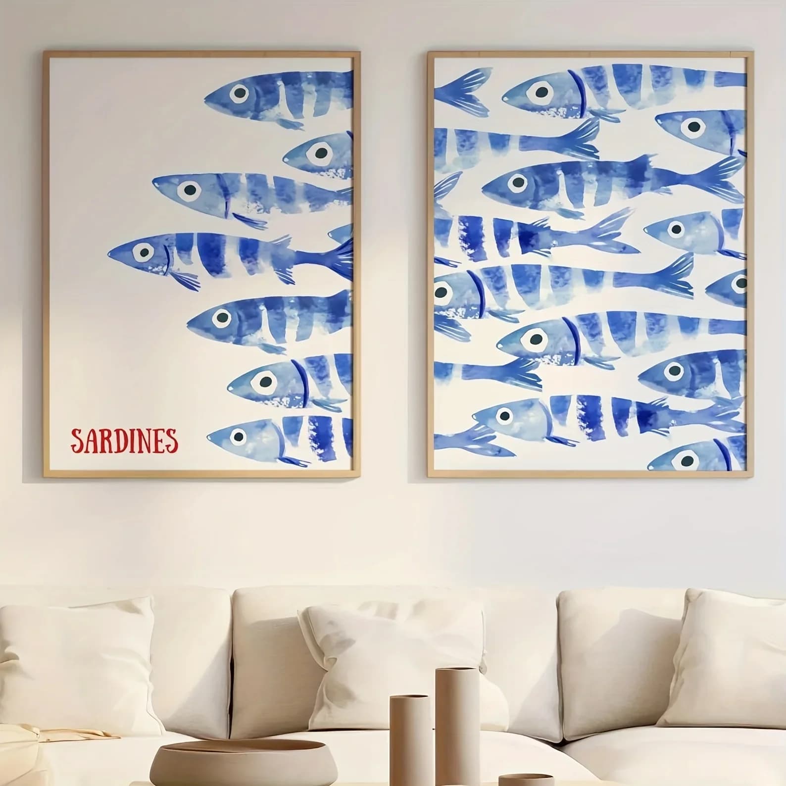 Retro Blue Sardine Canvas Poster Mediterranean Style Sardine Animal Wall Art Prints Ideal Gift for Modern Living Room Home Decor