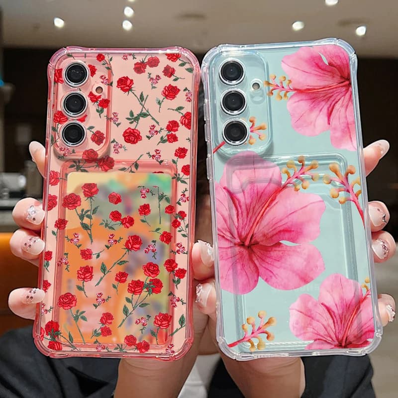 Custodia per telefono con stampa floreale rossa e tasca porta carte per Samsung Galaxy S26 S25 Ultra S23 S24 FE A57 A17 A56 A55 A25 A16 A36 A15 5G Cover in TPU