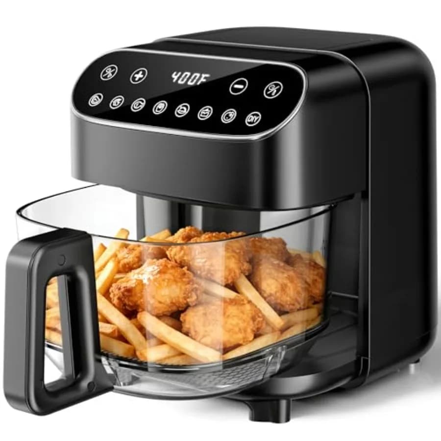 Friggitrice ad aria da 5QT in vetro per uso domestico, materiale atossico senza BPA, colore nero, controllo digitale touch con potenza di 1500W e