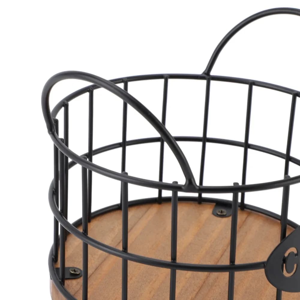 Round Iron Wire Coffee Pod Basket Wooden Base Large Capacity Pod Container Black Metal Wire Coffee Capsule Holder Home