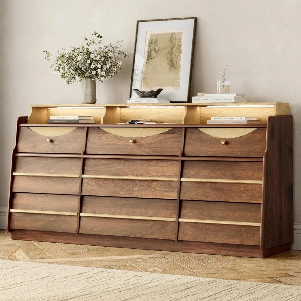 Cassettiera da 63 W a 9 cassetti per camera da letto, cassettiera moderna in legno con luce LED, pomelli rotondi e maniglie in legno massello