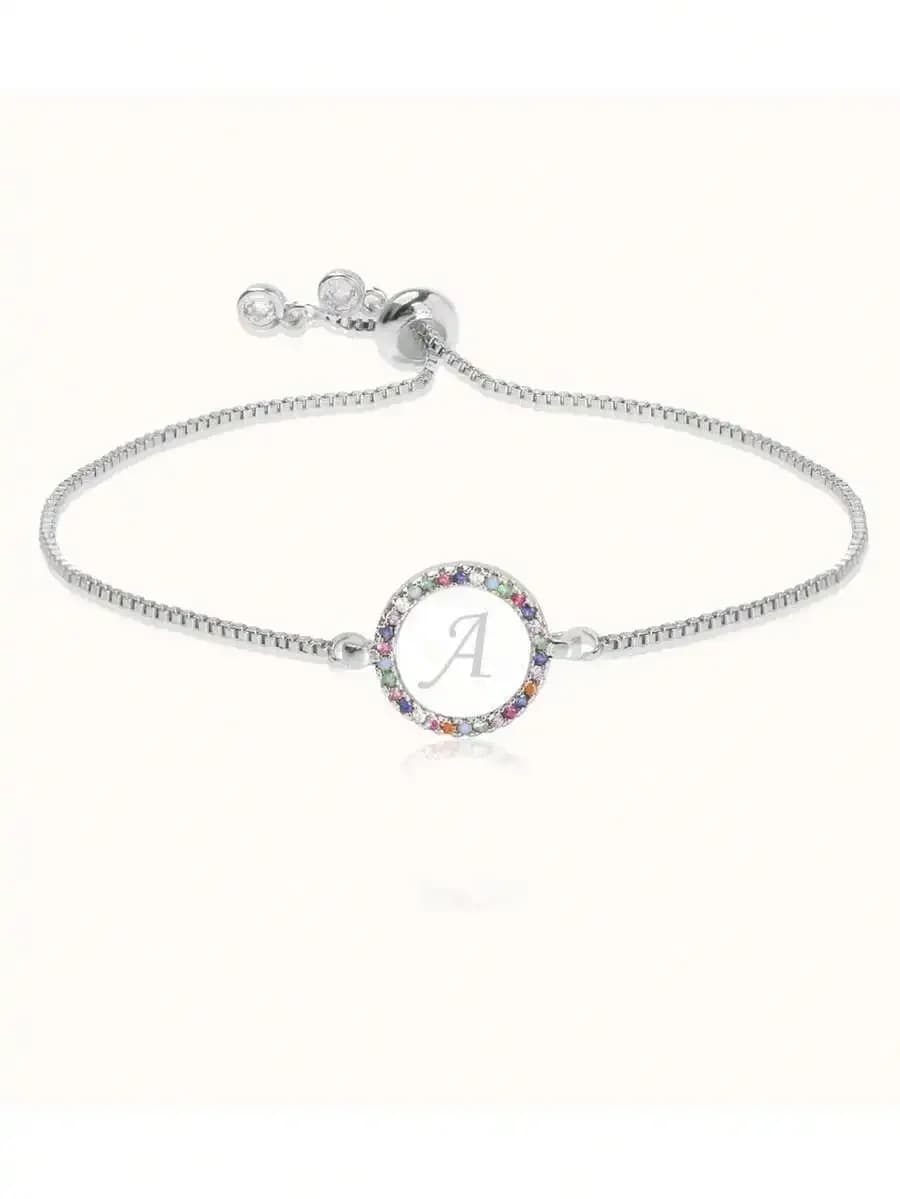 Adjustable Pull Bracelet With Colorful Rhinestone Circle Charm Letter A Fashion Chain Bracelet