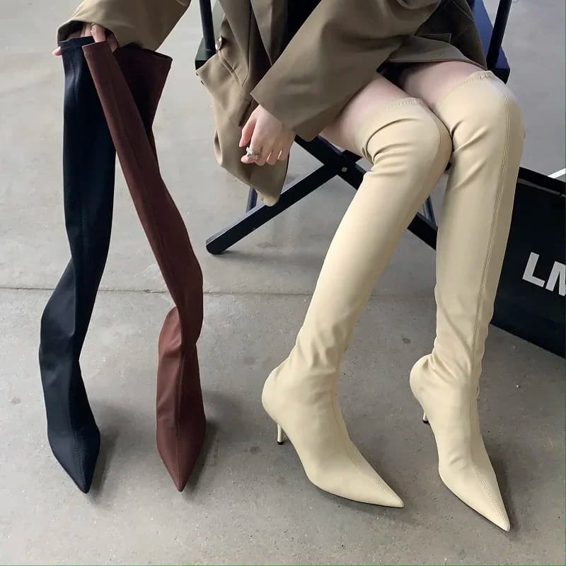 Women's Super Pointed Toe Faux Leather Stretchy Thin Stiletto Heel Over The Knee Boots Elegant Office Casual Footwear Drop Ship