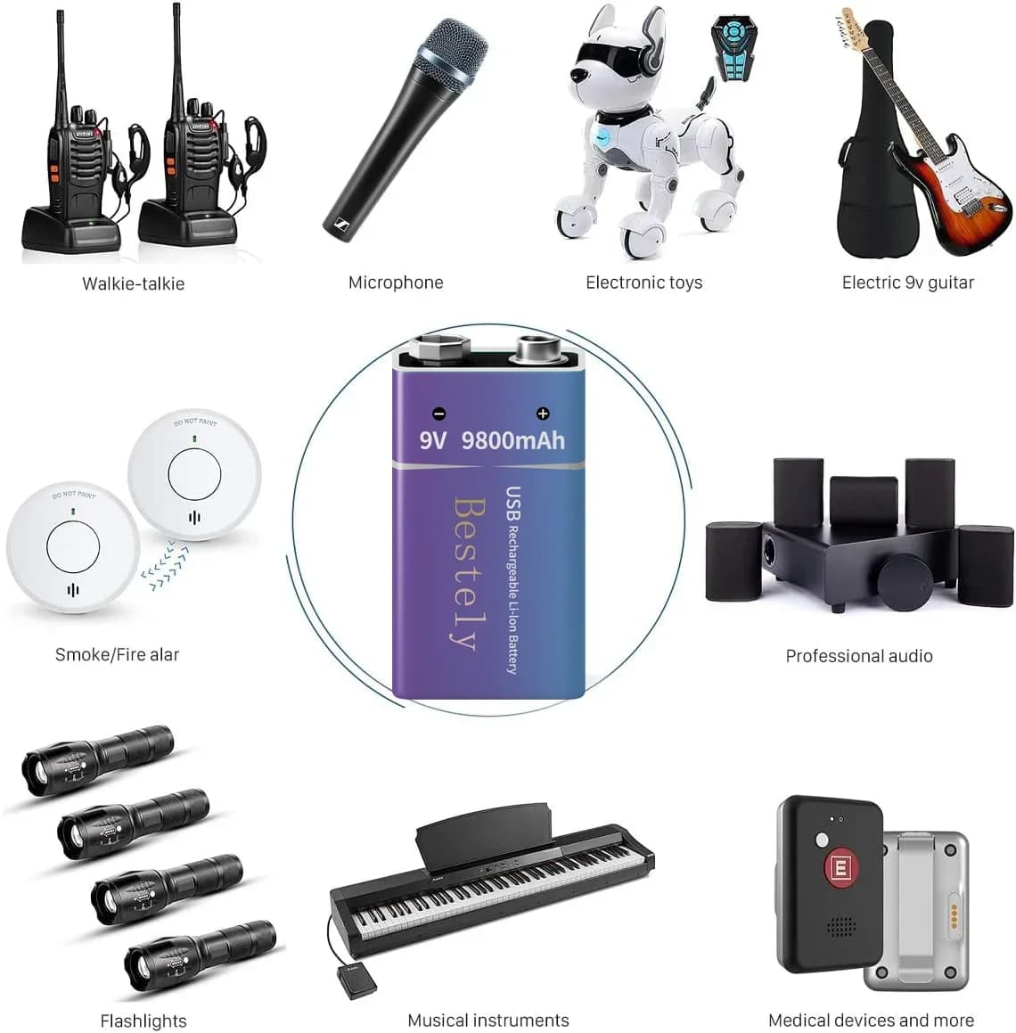 Batteria ricaricabile 9V USB-C Ricarica al litio Sostituisci 6F22/6LR61 Lunga durata per rilevatore di fumo multimetro/microfono