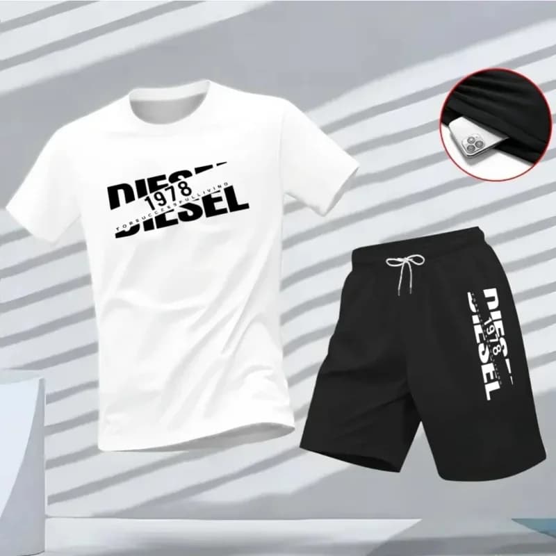 New Summer Collection 2026: Men's Casual Sports T-shirt Set with Maniche Court Beach Printing, Fashion Jogging Set