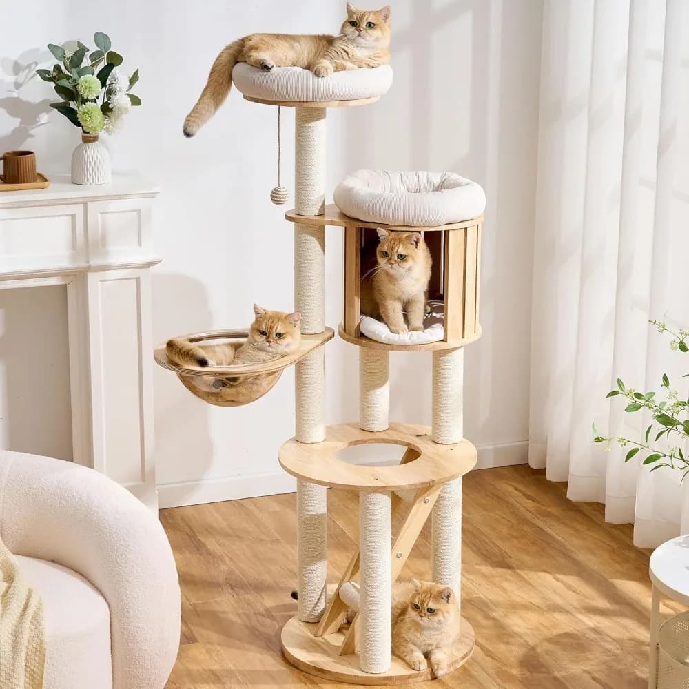 Albero per Gatti Moderno in Legno, Torre Alta 156 cm con Tiragraffi in Sisal, Cuccia, Capsula e Scala, Personalizzabile