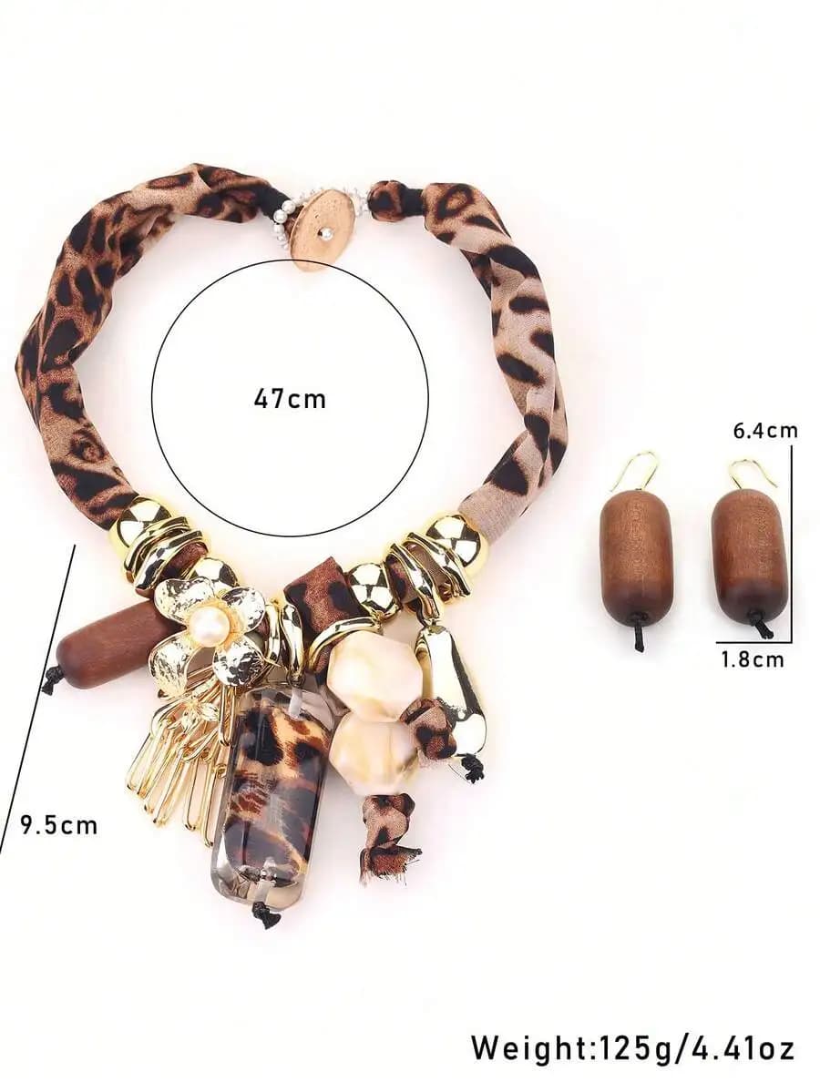 Fashion Leopard Print Exaggerated Geometric Necklace And Earrings Set For Women