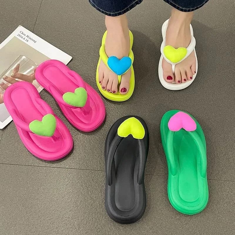 Infradito estive color caramella con cuore e fiocco, ciabatte piatte con fondo morbido, sandali piatti antiscivolo da donna per esterni