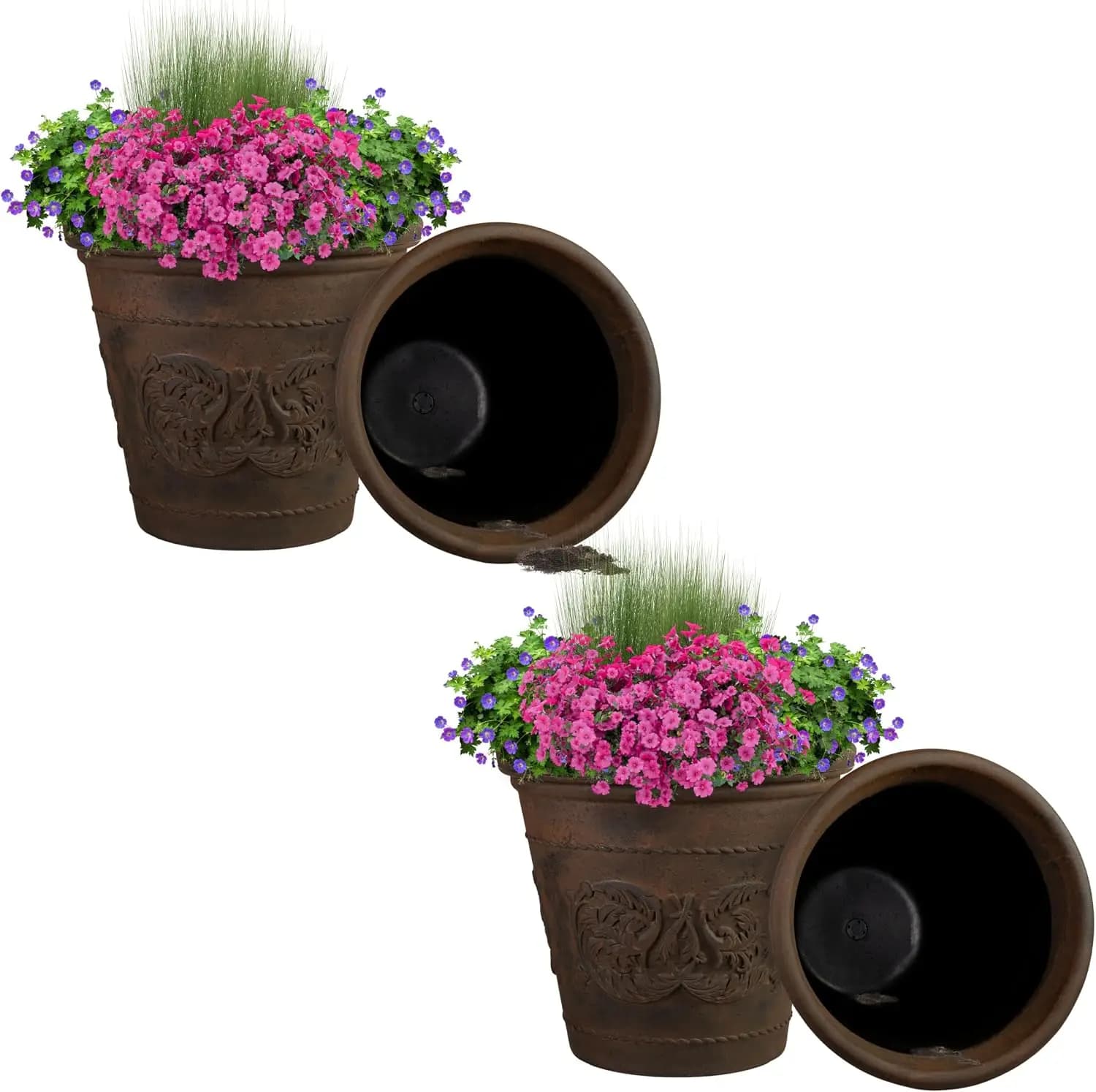 19.5 Inch Large Round Plastic Planter Pot, Set of 4 Indoor‑Outdoor Plant Container for Flowers, Shrubs and Greenery, Rust