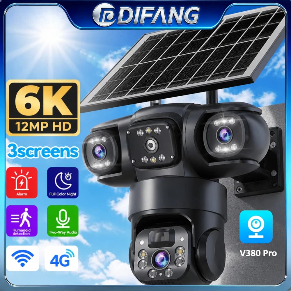 V380 Pro WiFi Triple Screens Solar Camera CCTV 4G LTE Sim Card Video Surveillance Solar IP Camera PTZ 4G Security Protection