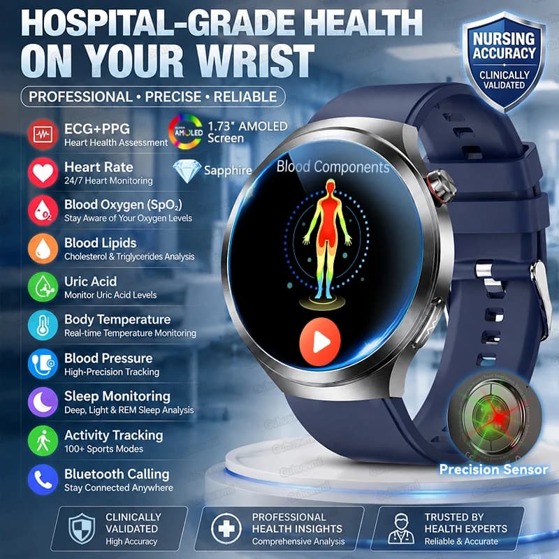 Smartwatch per uomo con misurazione accurata a livello ospedaliero, analisi del sangue, ECG, acido urico, lipidi nel sangue, chiamate BT.