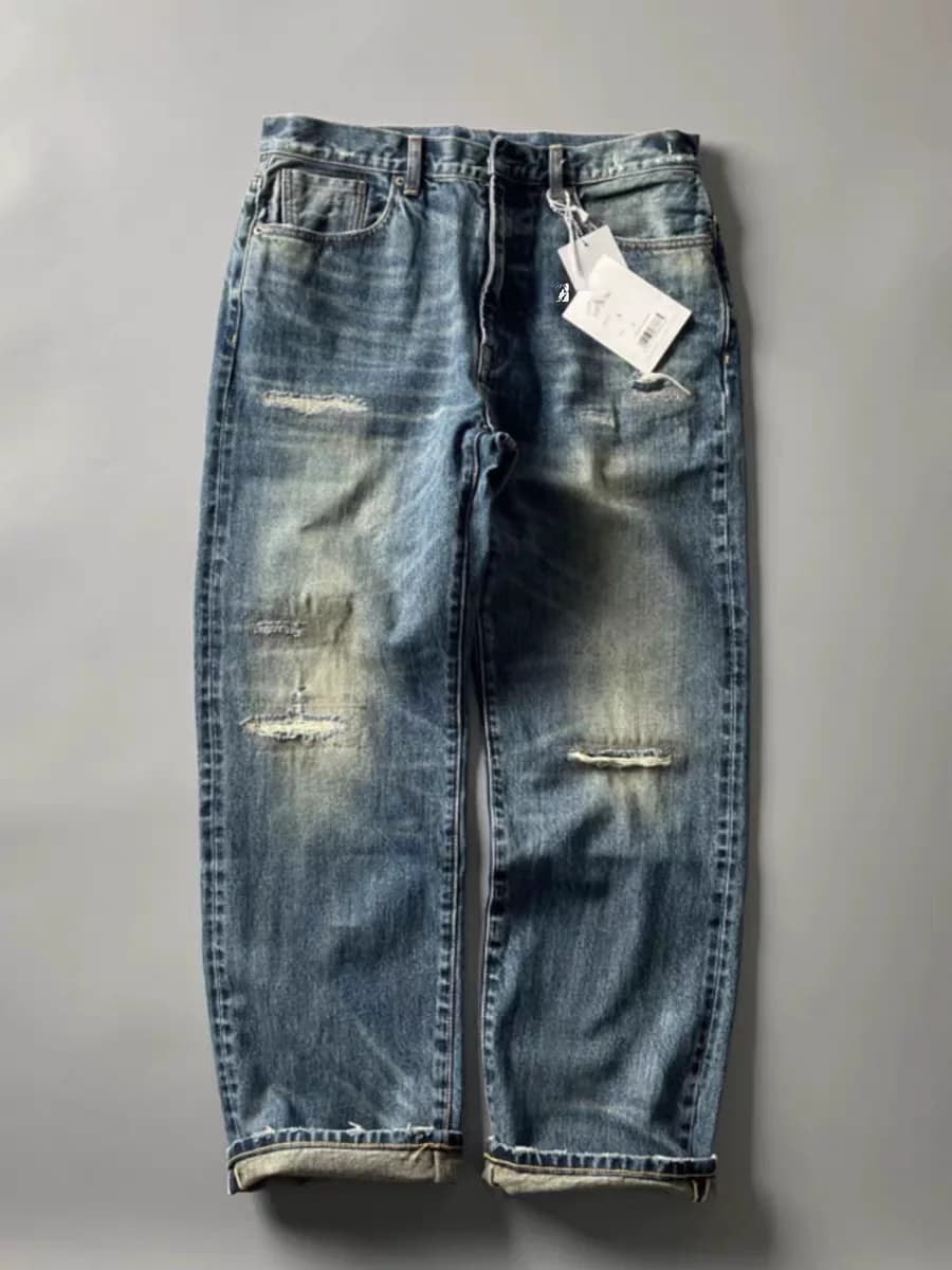 Jeans in denim heavy faded effect, wide fit, with patchwork distressed, straight leg, youthful and trendy, for man, for autumn season