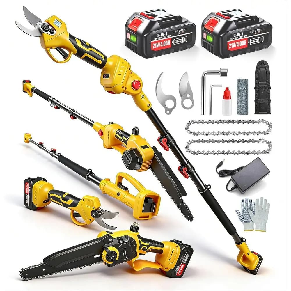 4 in 1, 21 V battery power shears and mini chainsaw with 2 4000 mAh Po batteries
