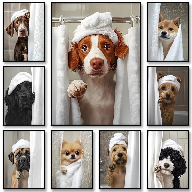 Simpatico cane doccia arredamento bagno poster cane nella vasca da bagno stampa animale arte tela pittura per la decorazione domestica regali amante dei cani