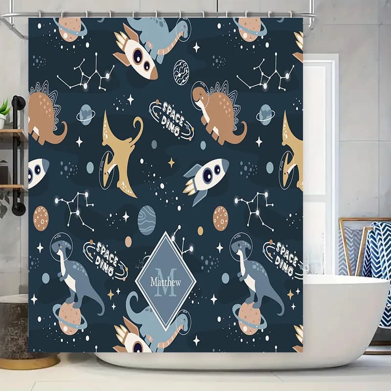 Tenda da doccia blu Dino Space unica personalizzata per bambini Decorazione da bagno Design personalizzabile per la decorazione domestica in lino da bagno