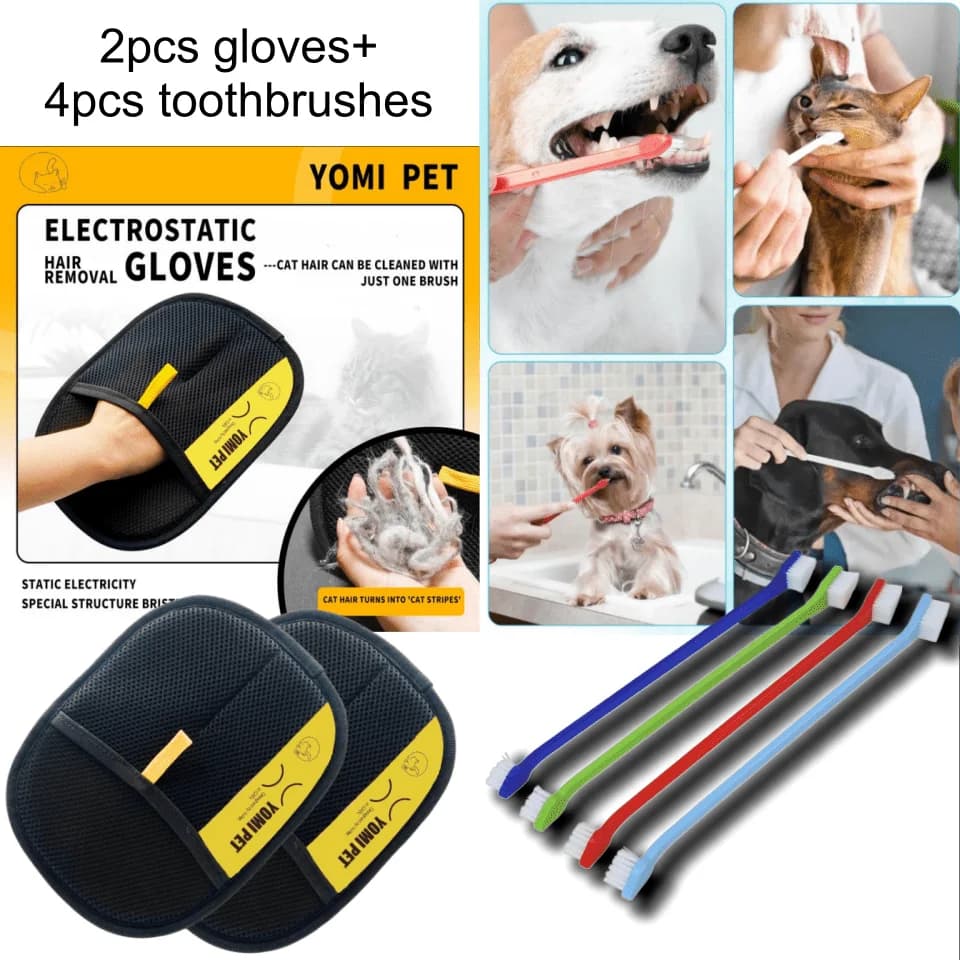 2Pcs Pet Hair Removal Gloves + 4Pcs Double-Headed Toothbrushes, Grooming Cleaning Kit For Dogs Cats, Pet Bath & Dental Care Set
