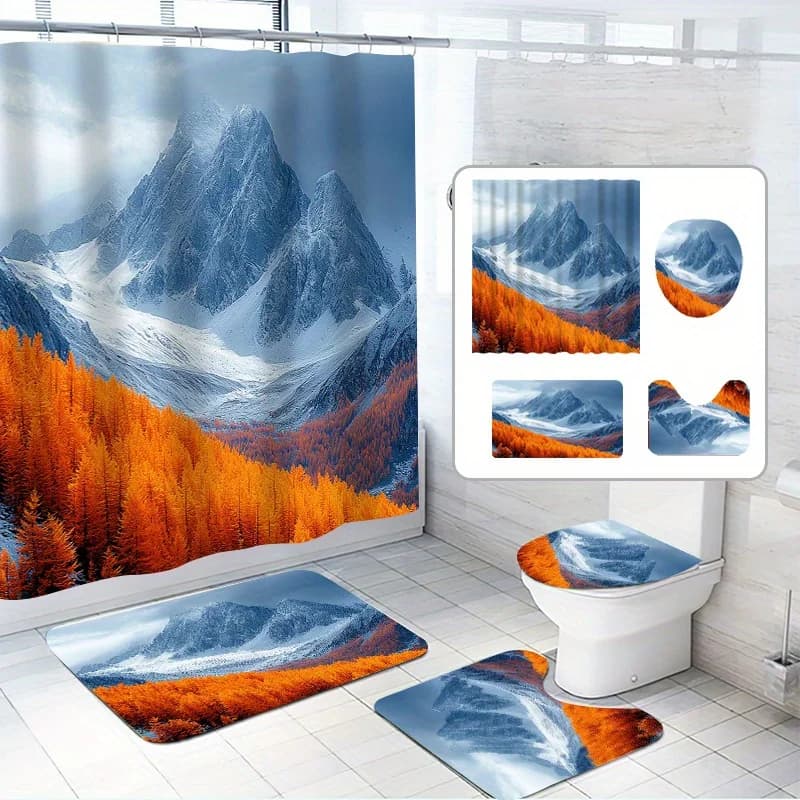 4 pezzi, set di tende da doccia per montagna sulla neve della foresta d'acero, bellissimo paesaggio invernale, con 12 ganci, tessuto in poliestere, bagno