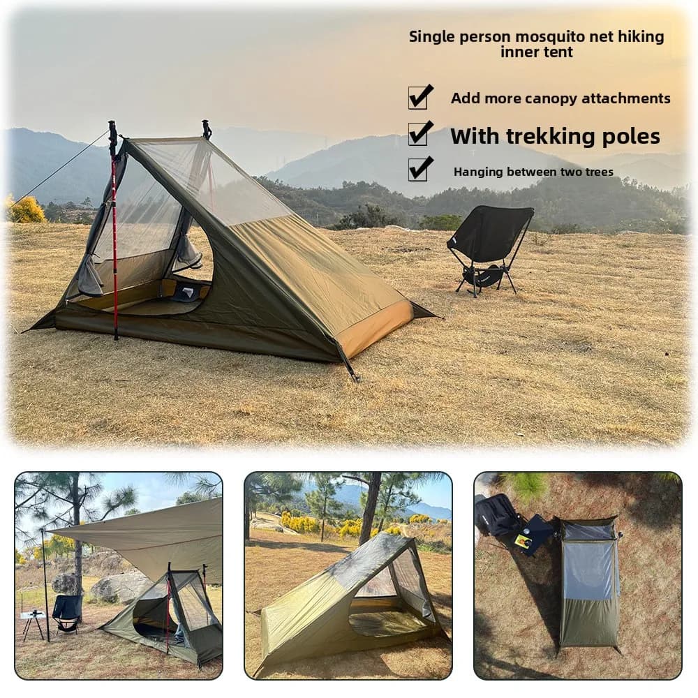 Ultralight 1 Person Camping Tent Rodless Inner Mesh Tent Breathable Hiking Backpacking Requires Trekking Poles 0.9kg