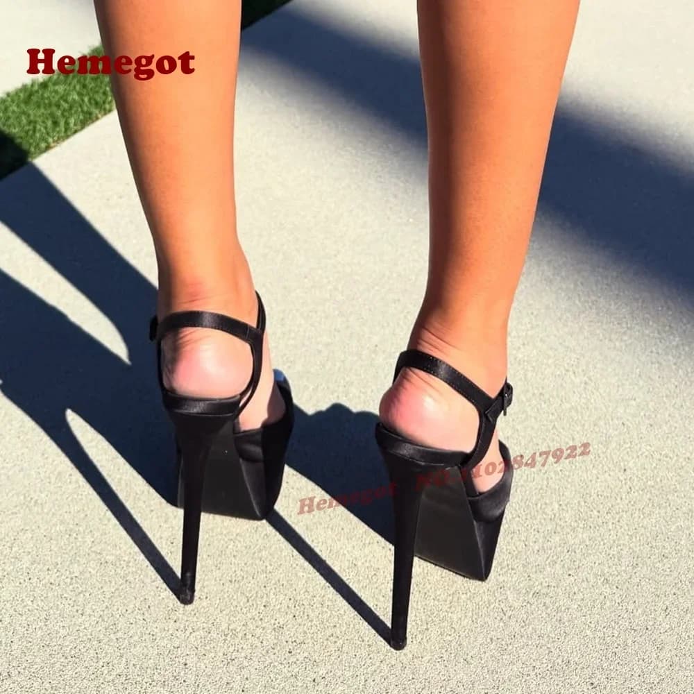 Black Super High Heels Buckled Open Toe Summer Sandals for Women Satin Platform Slingback Sandals 2025 New Arrival Runway Shoes
