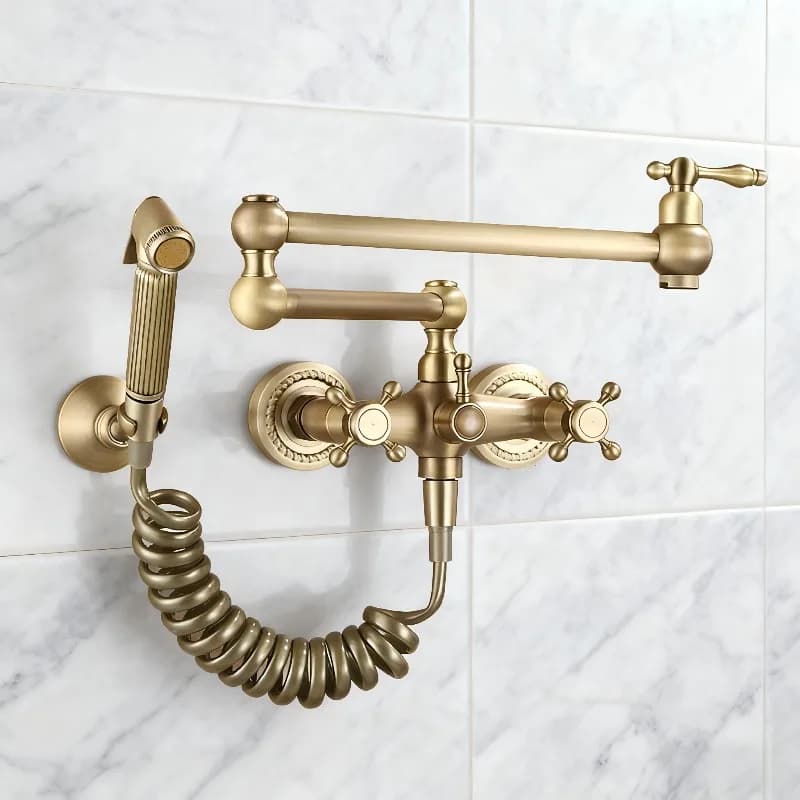 Rubinetti da Cucina Retrò in Ottone con Doccetta, Stile Antico, Miscelatore Acqua Calda e Fredda per Balcone