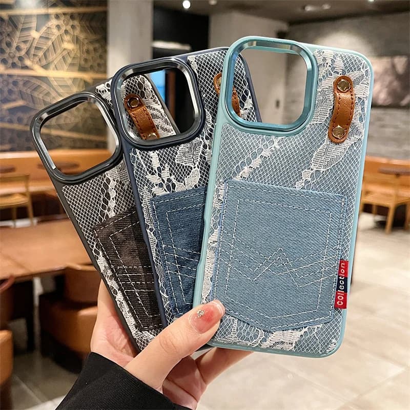 Custodia per telefono vintage in denim patchwork con silicone per iPhone 14 15 Plus 13 16 Pro Max, con porta carte e gancio, antiurto