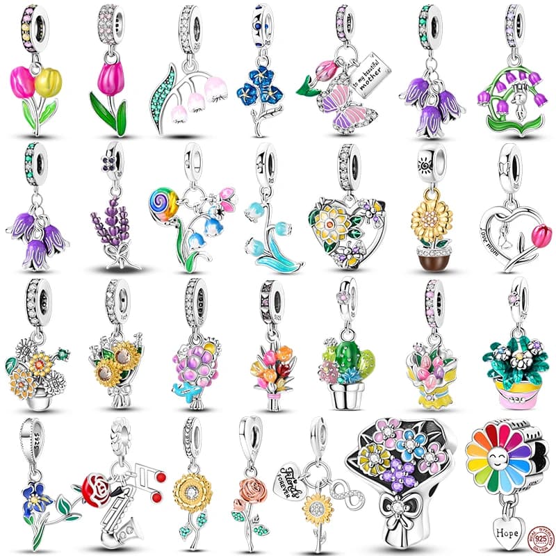 Ciondoli in Argento Sterling 925, Serie Floreale con Tulipano e Rosa, Compatibili con Bracciali Originali, Regalo per Donne, Gioielli Fai-da-Te, Idea Regalo di Compleanno