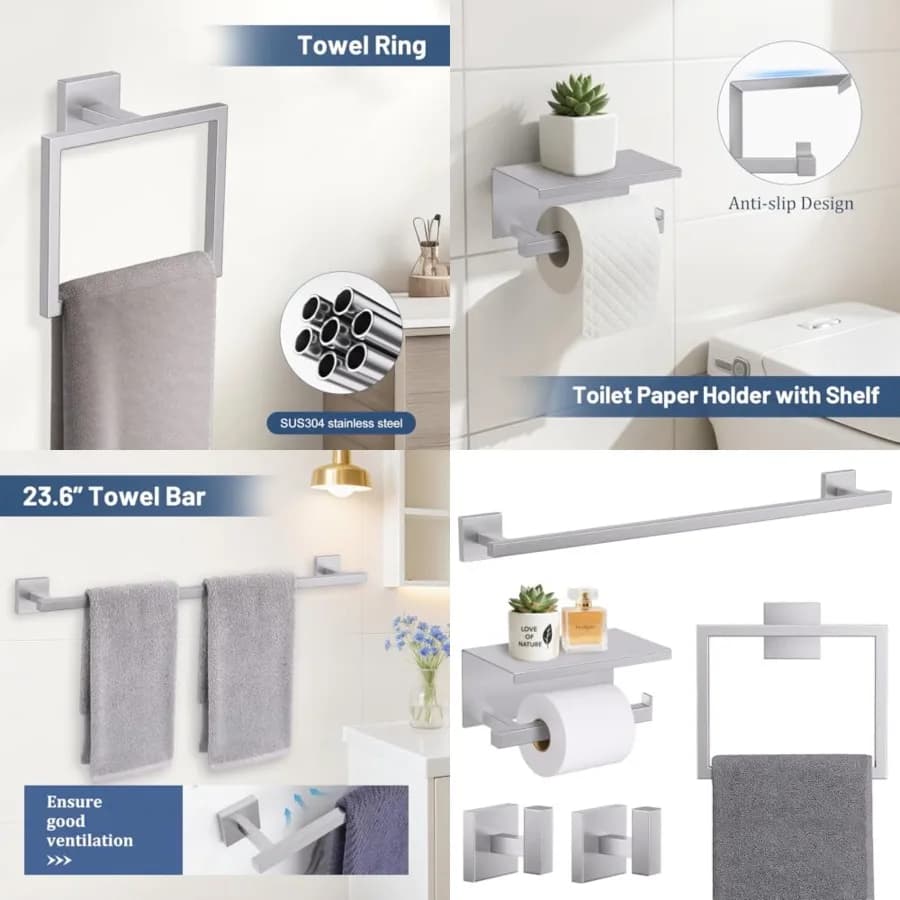 5-Pieces Bathroom Hardware Accessories Set 23.6" Towel Bar Set Wall Mounted Square Toilet Paper Holder with Shelf Stainless Ste