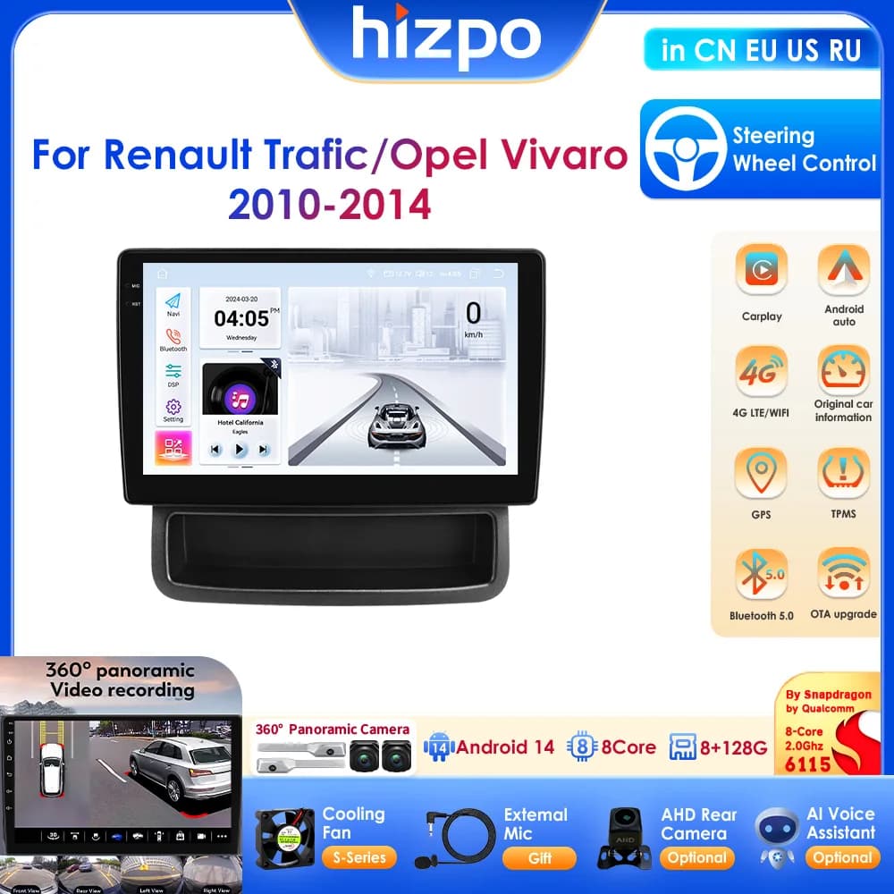 Android 14 Smart Car Systems 2 Din Wireless Carplay Android Auto Snapdragon 6115 GPS for Renault Trafic / Opel Vivaro 2010-2014