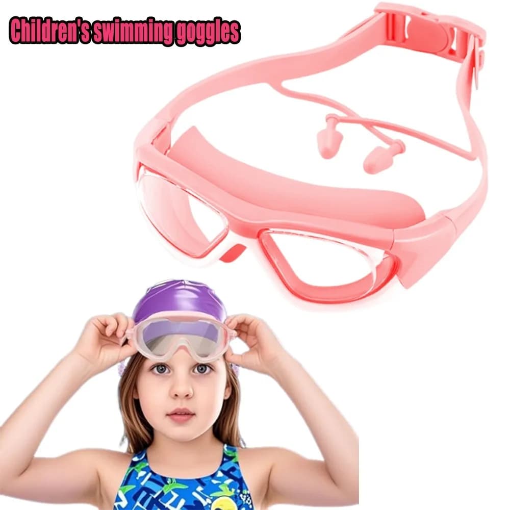 Occhialini da nuoto per bambini e bambine 3-12 anni, montatura grande, impermeabili, antiappannamento, HD, set professionale con cappuccio da nuoto e clip per il naso.