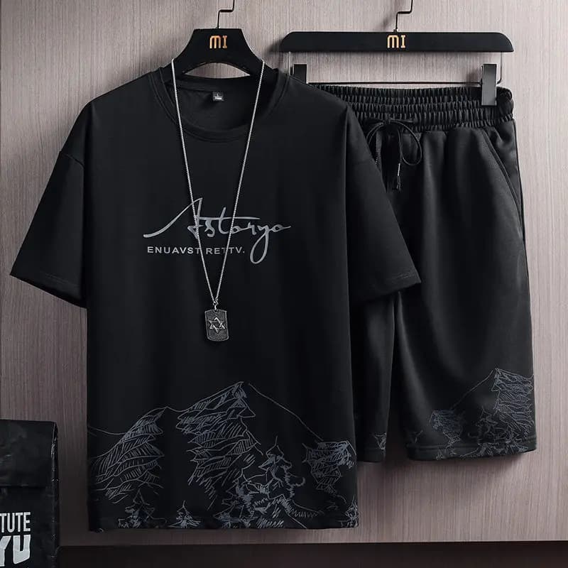 Cool Sensation Men's Ice Silk Sports Set Summer Thin round Neck Printed Short Sleeve T-Shirt Casual Shorts Two Piece Set Trendy