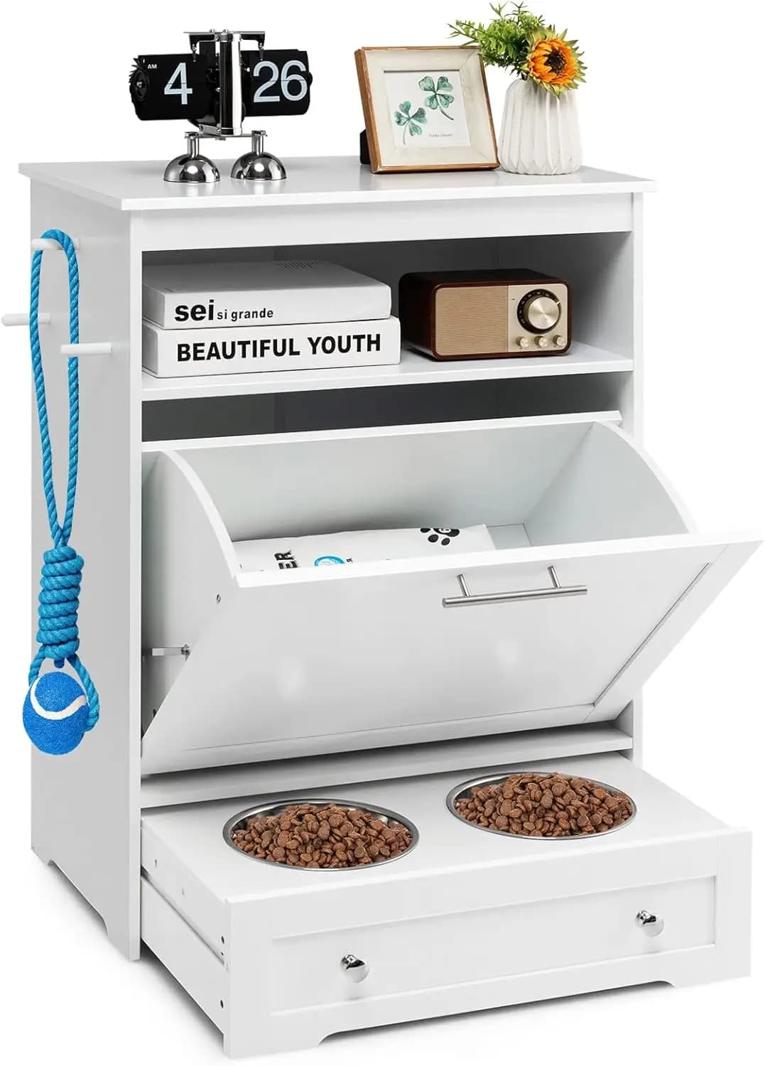 Distributore Cibo Doppio Estraibile per Animali Domestici con Mobile Contenitore, Ciotole e Design Anti-Ribaltamento per Cani e Gatti, Bianco