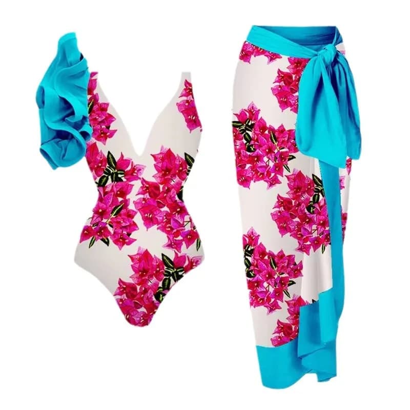 Costume da bagno intero e gonna con volant con scollo a V con stampa floreale per donna 2025 Nuovo costume da bagno da spiaggia femminile vintage estivo