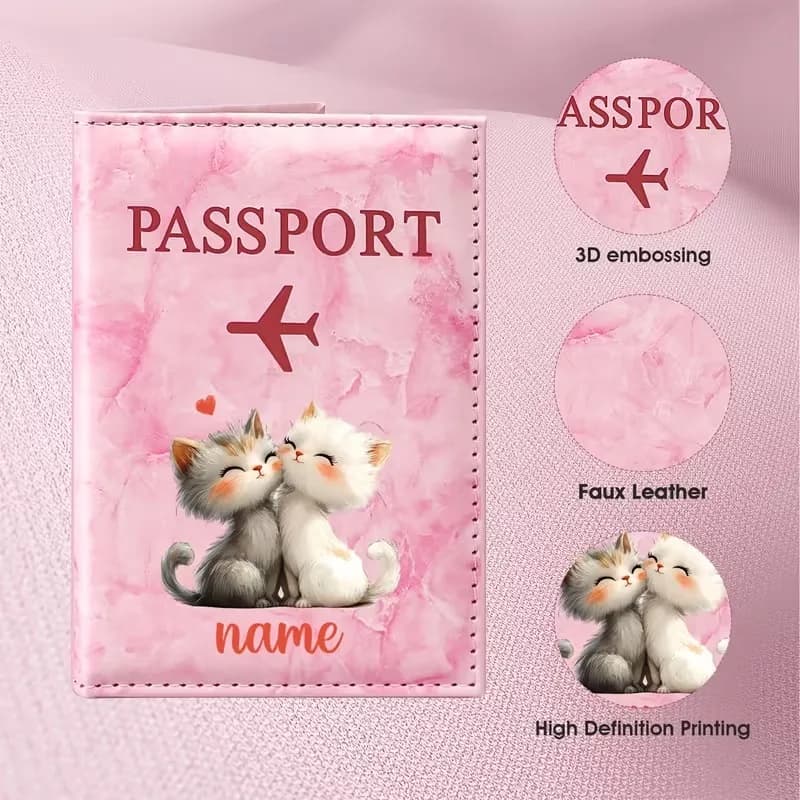 Custom Name Cute Cat Kissing Illustration Design PU Passport Holder, Two White Kittens Hugging And Kissing with Heart Elements