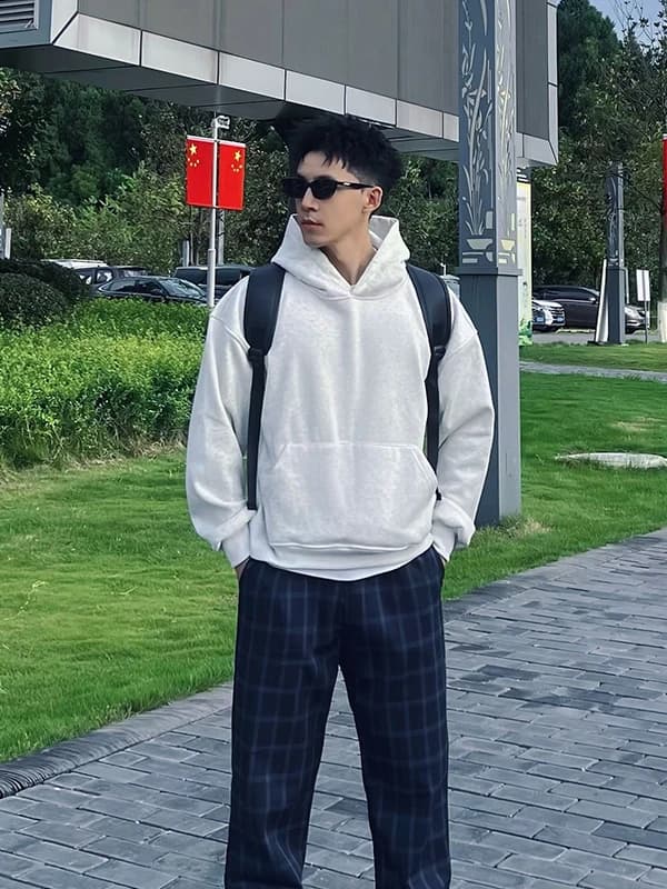 Men's Short Fleece Lined Hoodie Cleanfit Boxy Thick Outerwear Winter Autumn White Flower Grey Hooded Sweatshirt Hardwearing