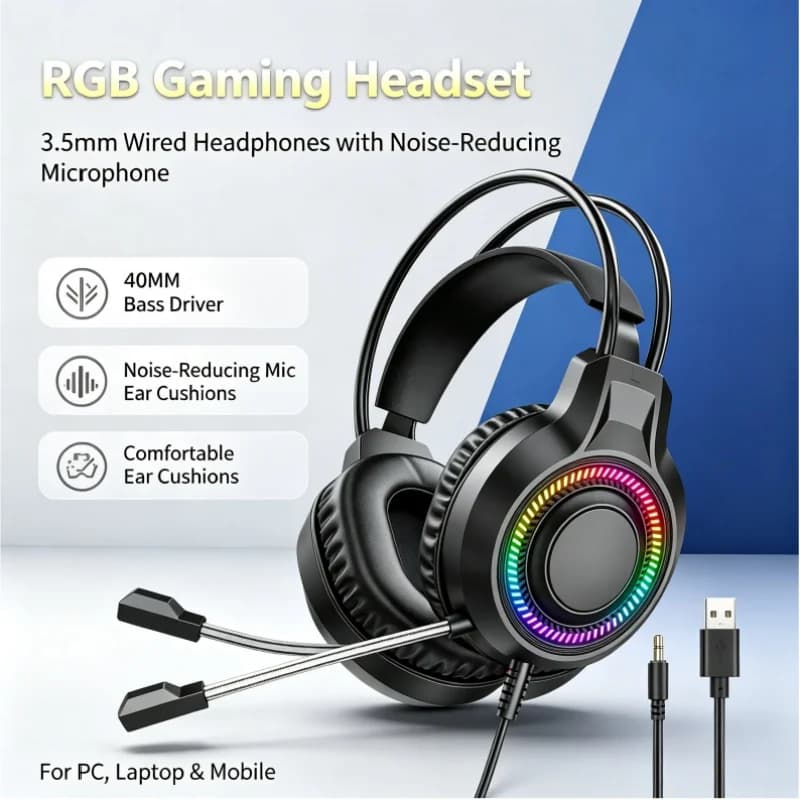 V6S 7.1 USB Wired Headset with Microphone for Gaming Desktop Computers-Ergonomic Over-Ear Design for Extended Comfort