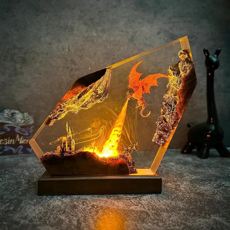 Modellini di dinosauri in resina con luce notturna, ornamenti che spara fiamme, decorazione per la casa, illuminazione creativa.