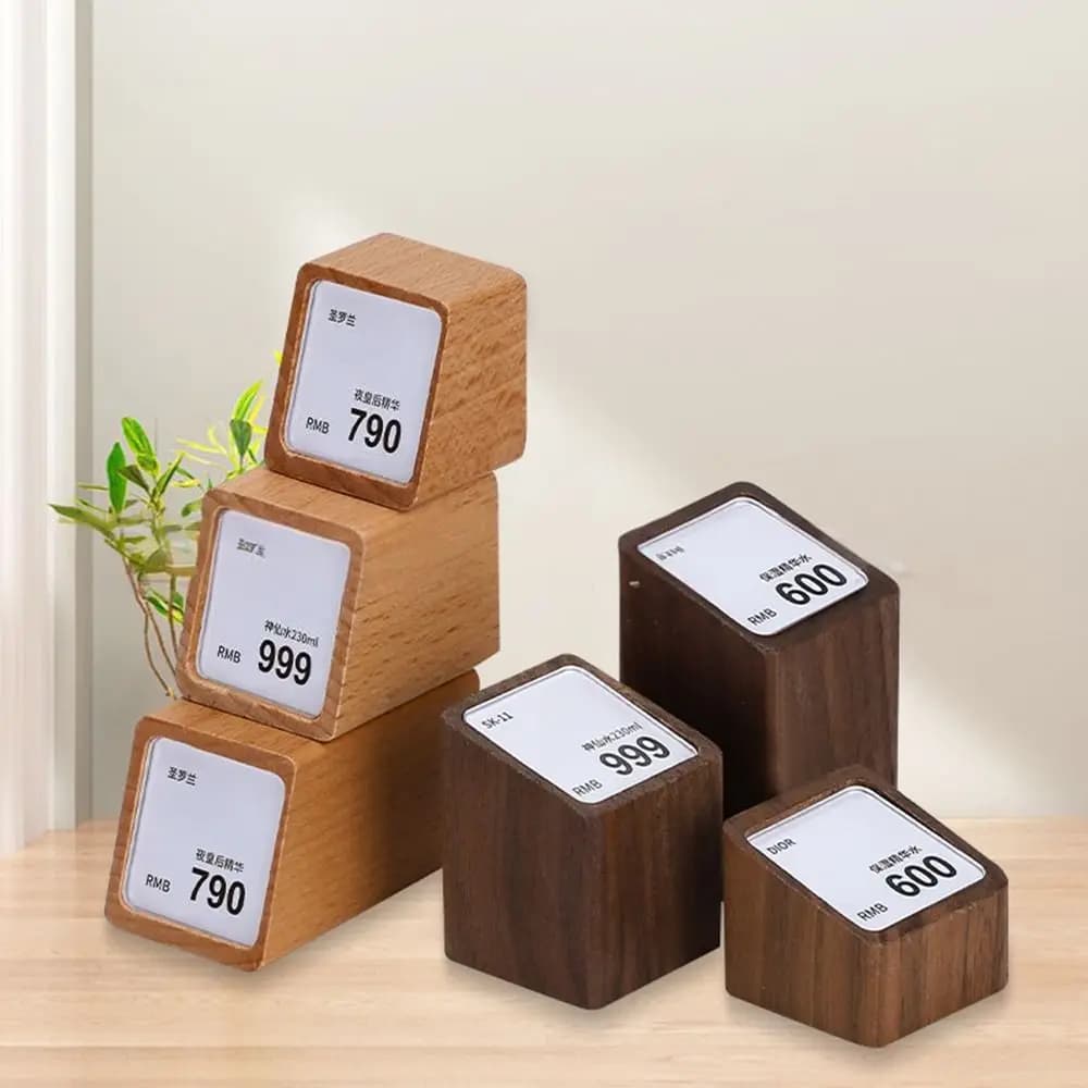 Espositore per Etichette Multimisura in Acrilico Kahki Coffee con Base in Legno, Porta Prezzi e Cartelli per Vetrine